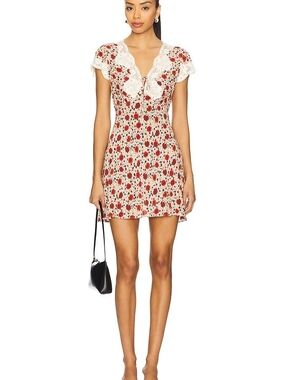 RIXO Cream Mini Dress with Red Floral Print